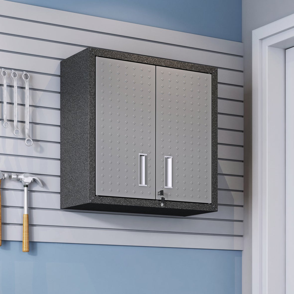 English Elm Floating Wall Cabinet Lockable Industrial Storage with Diamond Texture Dark Gray Finish B365P410806