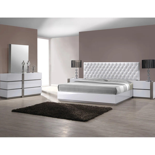 English Elm Modern Lacquer Nightstand High Gloss White with Silver Accents, 2 Drawers, Sleek 25"L x17"D x22"H Ambient Bedroom Piece B011P354503