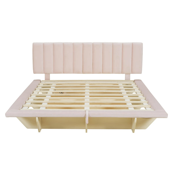 English Elm Queen Upholstered Floating Bed with LED Lighting, Hydraulic Lift, 4 Storage Drawers, Velvet Luxury Pink SF000132AAH