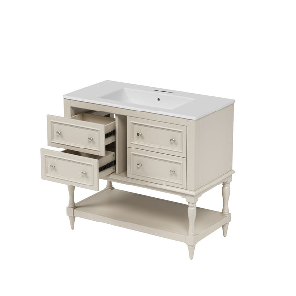 English Elm 36" Bathroom Vanity with Sink Combo, 36" Ceramic Undermount Basin, Solid Wood Frame, 4 Drawers, Waterproof Painted Finish Beige N710P250654Y