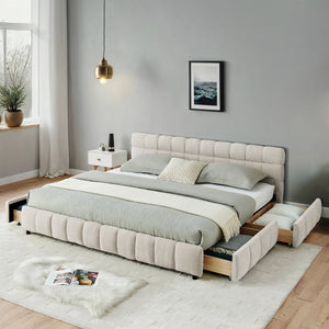 English Elm California King Platform Bed Chenille Upholstered Frame with Storage Drawers Modern Beige W487S00422