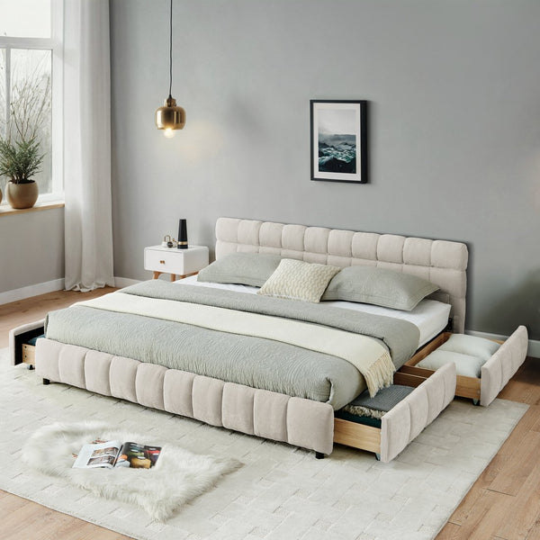 English Elm California King Platform Bed Chenille Upholstered Frame with Storage Drawers Modern Beige W487S00422