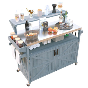 English Elm K&K 53.3" Outdoor Kitchen Island with 1.2" Stainless Top, Spacious Storage, Raised Shelf, Wheels Grey+Blue N707P250628G