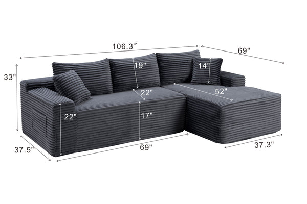 English Elm 106.3" Jumbo Corduroy L-shaped Sectional Deep Seat Sofa No Assembly Modern Living W5515S00035