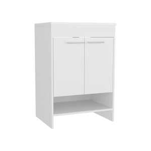 English Elm Lorenzo 60 cm White Floor Vanity with 4 Drawers & 2 Open Shelves — Compact Kronos Finish, Freestanding Storage B200P362050