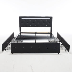 English Elm Queen Storage Bed with Led Lighting Crystal Tufted Pu Leather Headboard Charging Ports Black W5722P462463
