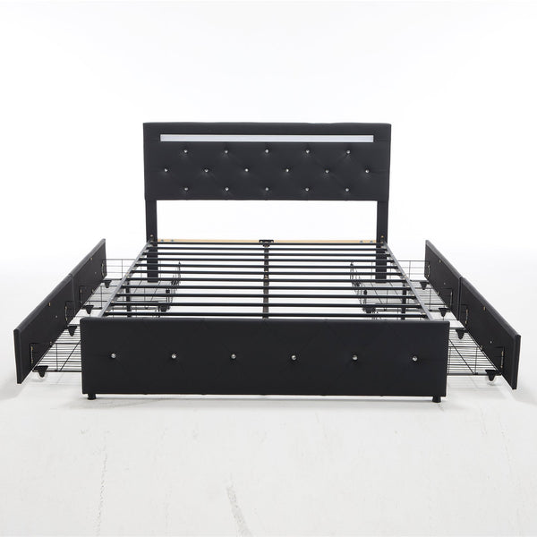 English Elm Full Size Pu Leather Storage Bed with Rgb Led Headboard and Charging Station Black W5722P462440