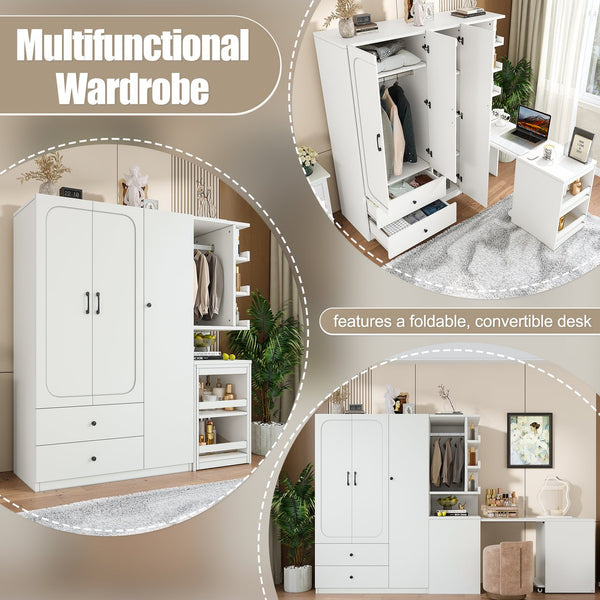 English Elm Multifunctional Wardrobe Cabinet with Fold Out Desk Hanging Rod and Storage Drawers Light White W1580S00475