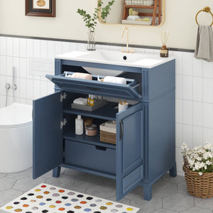 English Elm 30'' Retro Bathroom Vanity with Ceramic Sink, Solid Wood Frame, Soft-Close Doors & Ample Storage (Blue) N710P252113C
