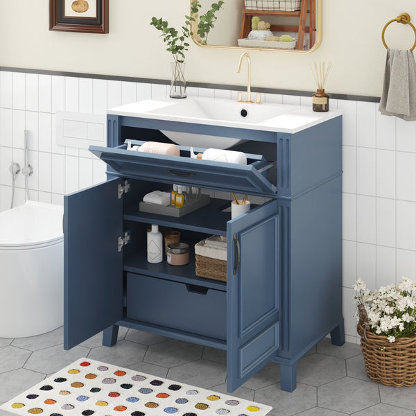 English Elm 30'' Retro Bathroom Vanity with Ceramic Sink, Solid Wood Frame, Soft-Close Doors & Ample Storage (Blue) N710P252113C