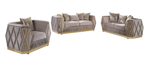 English Elm Cavalli Glam Three Piece Living Room Set Diamond Upholstery with Brushed Gold Metal Legs Taupe+Gold B009S02181