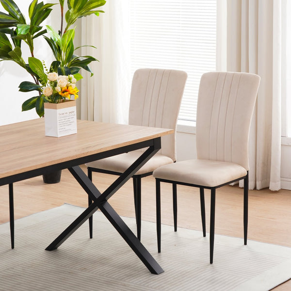 English Elm Dining Chair Set of 4 Velvet Upholstered Curved Back with Powder Coated Metal Legs Beige W3851P407823