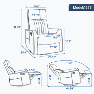 English Elm Blue Fabric Swivel Rocker Recliner with Massage Heat Nodes for Living Room Comfort Blue W1803P321823