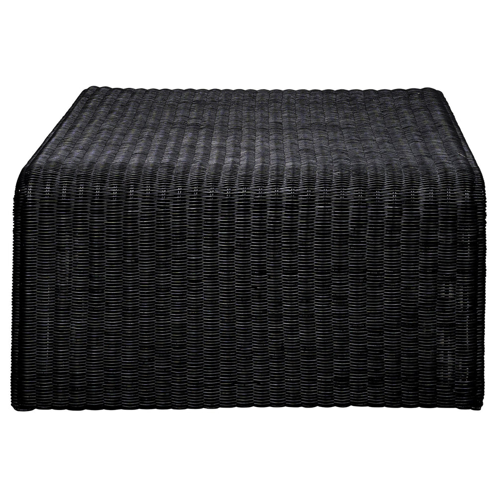 English Elm Woods Glossy Black Woven Rattan Square Coffee Table — Modern Light Silhouette, Casual Elegance & Texture B062P358427