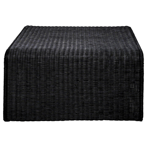 English Elm Woods Glossy Black Woven Rattan Square Coffee Table — Modern Light Silhouette, Casual Elegance & Texture B062P358427