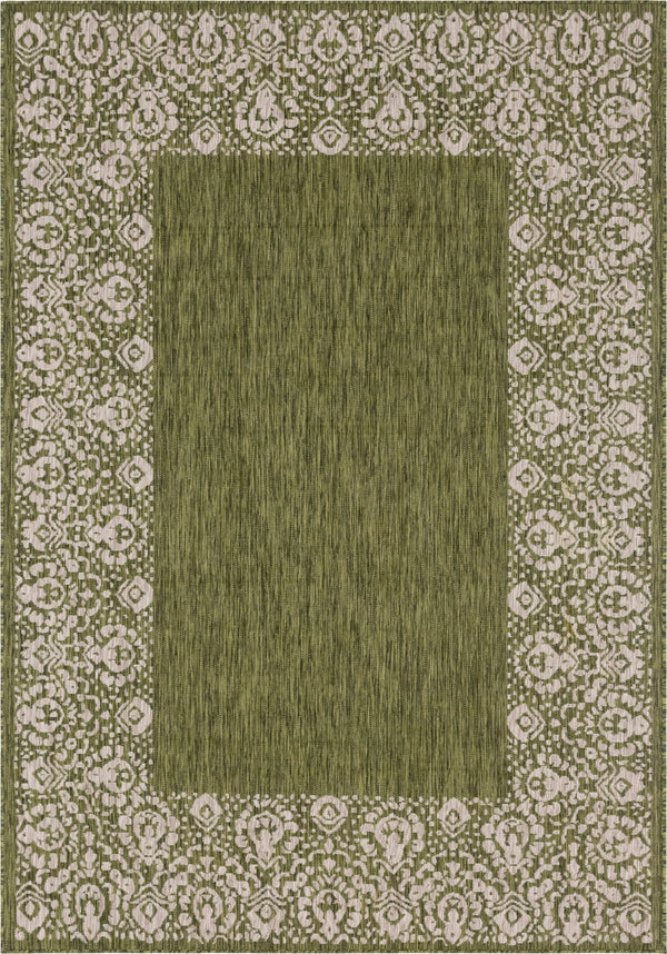 Unique Loom Outdoor Border Floral Border Machine Made Floral Rug Green, Ivory/Gray 7' 1" x 10' 0"