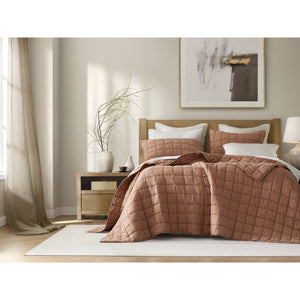 English Elm 3-piece French Linen Quilt Set Garment Washed Breathable Box Stitched Bedding Brick Red B035P408303