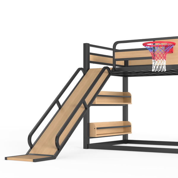 English Elm Twin Metal Loft Bed with Slide Basketball Hoop Climbing Wall and Built-in Shelves W1580S00631