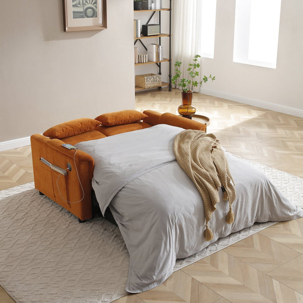 English Elm 55" Velvet Two Seater Pull Out Sofa Bed with USB Ports, Side Pockets, Adjustable Backrest, Compact Lounger Orange W2677P288325
