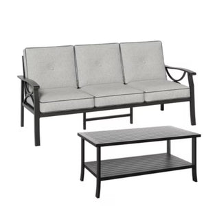 English Elm 8-piece Outdoor Conversation Set 9 Seat Steel Patio Sofa with Thick Cushions Tables Grey+Black B082S00130