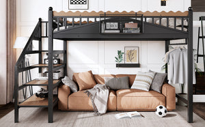 English Elm Full Size Metal Loft Bed with Stair Storage Shelves Bookshelf for Dorms Bedroom W1580S00378