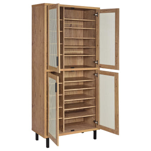 English Elm Stagg Oak Finish Shoe Cabinet with Cane Doors and Black Metal Legs for Entryway B062P451793