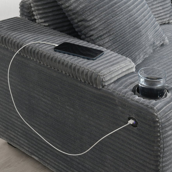 English Elm 104" Corduroy L-shaped Sectional with Usb Charging Armrest Storage and Cup Holders Gray N723S1187E