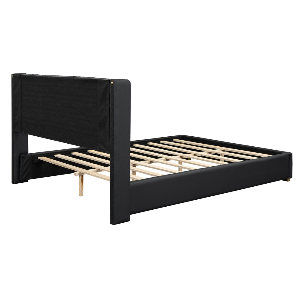 English Elm Full Upholstered Platform Bed with PU Headboard and Metal Accent Strips, Sturdy Slats, Black 440lb Capacity SF000148AAB