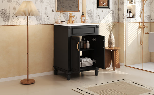 English Elm 24'' Bathroom Vanity with Sink - Solid Wood Frame, Glossy Ceramic Basin, Soft-Close Doors & Ample Storage Elegant Modern Design, Durable MDF Construction, Retro Metal Handles, Compact 24-inch Cabinet Black N710P317675B