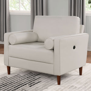 English Elm Mid-Century Off-White Leatherette Chair with Tufted Bench Seat, Bolster Pillows & USB Outlet B011P203541