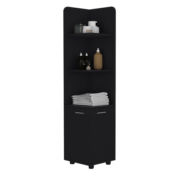 English Elm Corner Corner Cabinet 62H" Tall 3-Tier Open Shelf & 2-Door Black, Space-Saving Durable Storage B097P221673