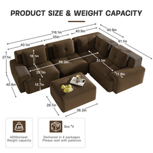 English Elm Modern Corduroy Sectional Sofa Deep Seat V Shape Tufted Couch with Movable Ottoman Brown W714S01576