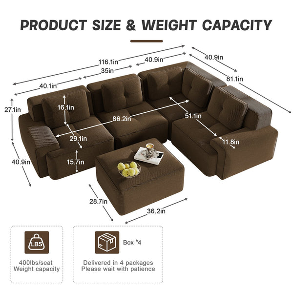 English Elm Modern Corduroy Sectional Sofa Deep Seat V Shape Tufted Couch with Movable Ottoman Brown W714S01576