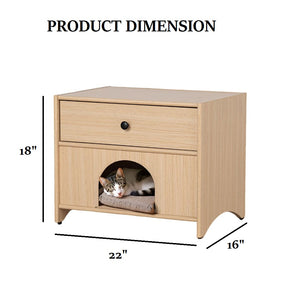 English Elm Mid-Century Minimalist Side Table with Pet Nook, Drawer & Shelf in Natural Wood Finish, 22"W x 18"H B2741P395426