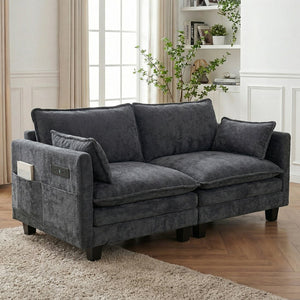 English Elm Modern Chenille Upholstered Loveseat with Usb Ports and Pockets for Compact Living Black W2519P486088
