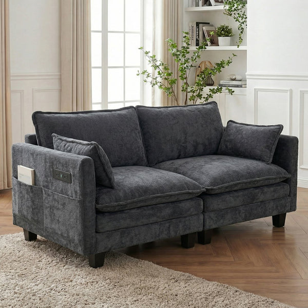 English Elm Modern Chenille Upholstered Loveseat with Usb Ports and Pockets for Compact Living Black W2519P486088