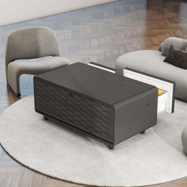 English Elm Modern Smart Coffee Table With Fridge, Bluetooth Speaker, Wireless Charging & Touch Controls, Black W1172P175395