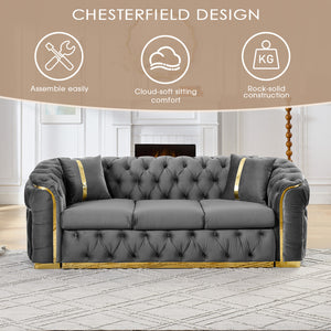 English Elm 2pcs Italian Velvet Chesterfield Sofa Set Tufted Three Seater with Gold Steel Legs Gray W1191S00070