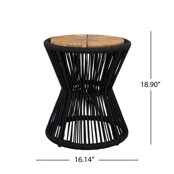 English Elm Scott Living Nara Outdoor Acacia Wood Side Tables with Woven Rope Iron Frame Set Black,Teak N770PS2354692B