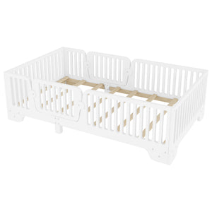 English Elm Twin Montessori Floor Bed with Safety Rails Hinged Door and Plywood Slats for Kids White W2593P381112