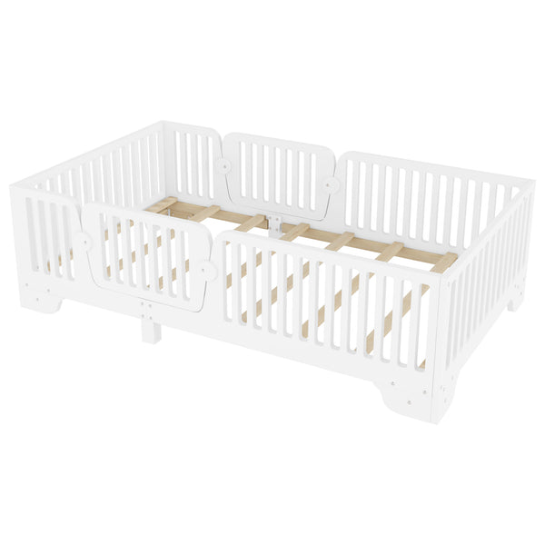 English Elm Twin Montessori Floor Bed with Safety Rails Hinged Door and Plywood Slats for Kids White W2593P381112
