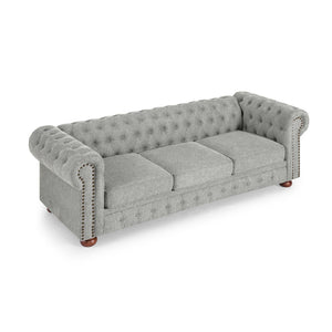 English Elm Chesterfield Linen Tufted 3-Seater Sofa with Scrolled Arms and Nailhead Trim, Durable Plywood Frame Gray W1413S00094