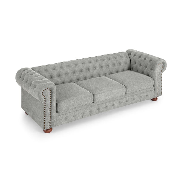 English Elm Chesterfield Linen Tufted 3-Seater Sofa with Scrolled Arms and Nailhead Trim, Durable Plywood Frame Gray W1413S00094