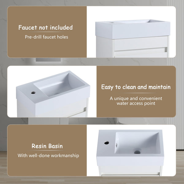 English Elm 18'' Floating Wall Vanity with Resin Sink, Open Shelf Storage, Eco-Friendly Plywood, Soft-Close Door White Straight Grain W99936243