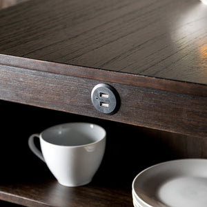 English Elm Transitional Counter Height 3pc Dining Set with USB Charging, Storage Shelves & Padded Seats Cherry,Gray 42 L x 39 W x 13 H B2741P381483