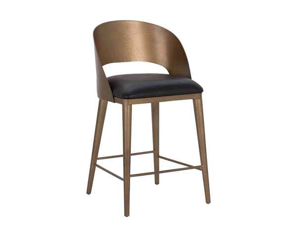 Sunpan Dezirae Barstool - Stylish Curved Back Design with Genuine Leather Seat and Unique Craftsmanship Antique Brass / Charcoal Black Leather