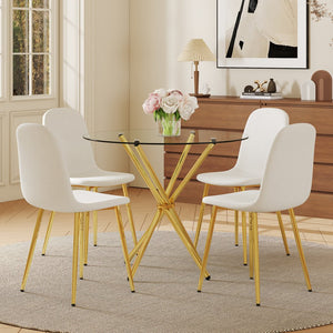 English Elm 4-Piece Modern Luxe Dining Set With Glass Table & Chic White-Gold Chairs For Stylish Interiors W1151S03683