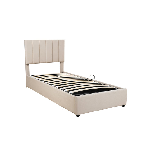 English Elm Twin Upholstered Hydraulic Storage Bed with Vertical Stripe Headboard, Space-Saving Modern Platform Beige SF000185AAA
