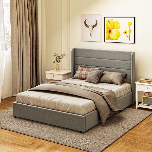 English Elm HOMCOM Full Size Bed Frame with LED RGB Headboard, Built-In Charging Station and 3-Tier Shelf Light Gray W2225P249913
