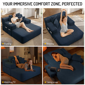 English Elm Luxurious Corduroy Convertible Chaise Lounge Sofa Bed with Storage and Coil Spring Foam Blue W3219P483087